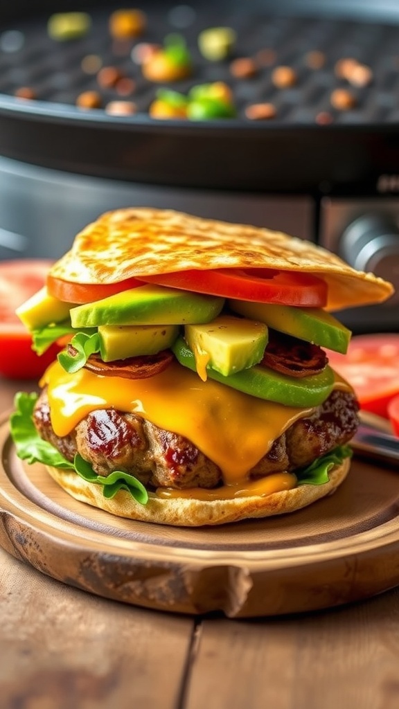 A quesadilla burger with a crispy tortilla, melted cheese, and fresh toppings, served on a wooden plate next to a Blackstone griddle.